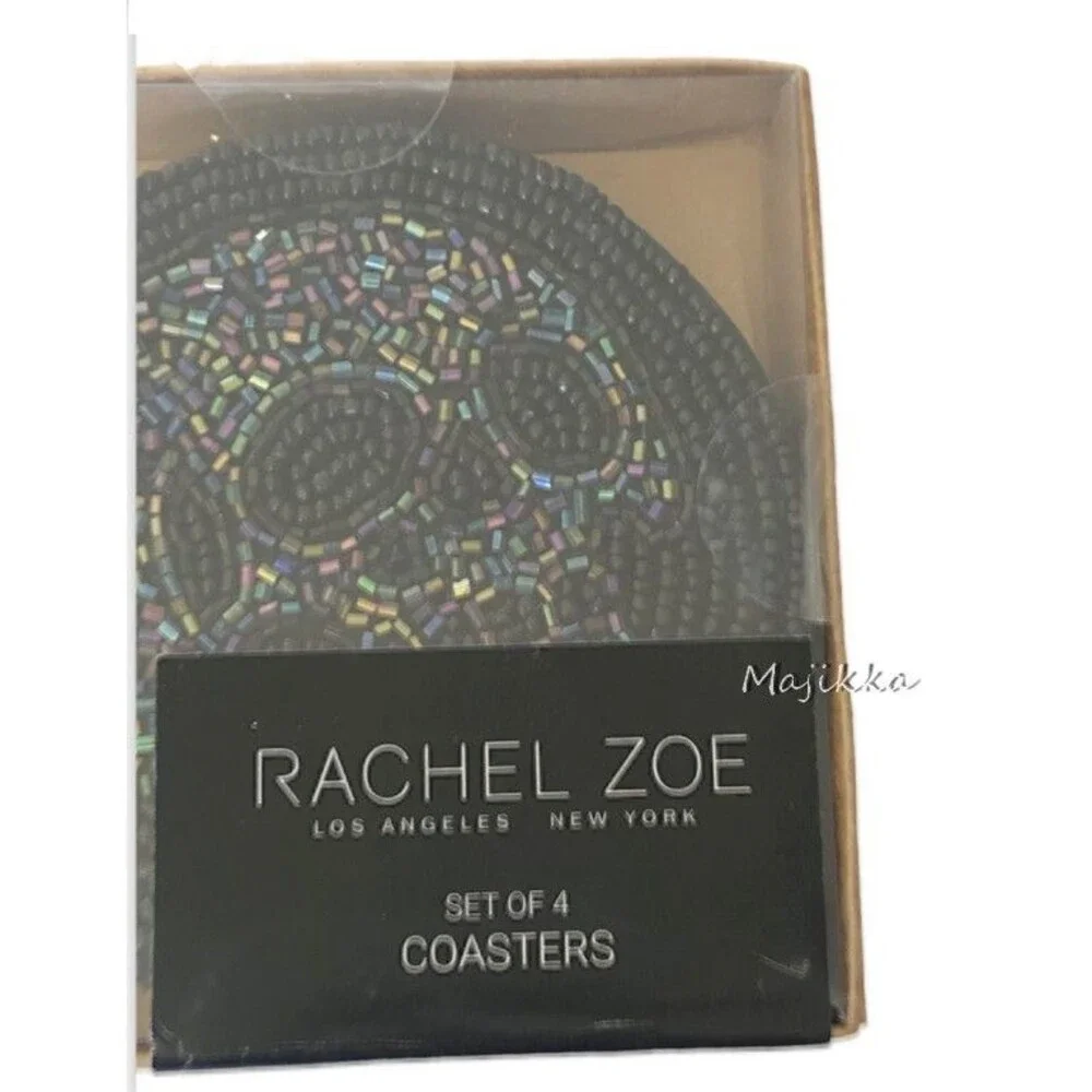 Rachel Zoe Halloween Glass Beaded Skull Coasters Satin Backed Spooky Set of 4